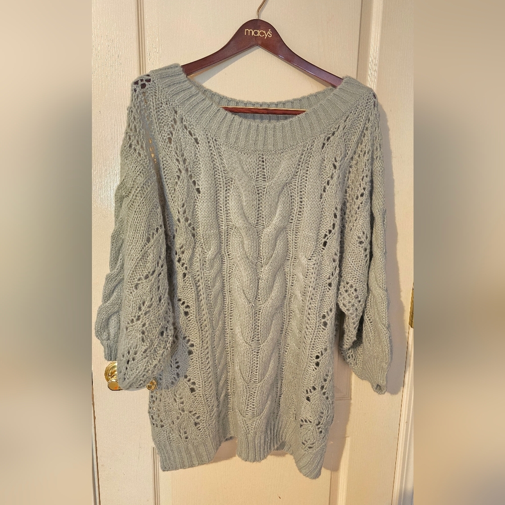 Three Bird Nest Light Gray Off-Shoulder Cable Knit Sweater Dress - Picture 2 of 6